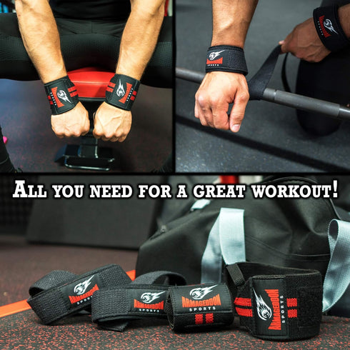 Premium Weightlifting Bundle - Wrist Weightlifting Straps Pair + Wrist Wraps Pair + Carry Bag for Deadlifts, Gym,