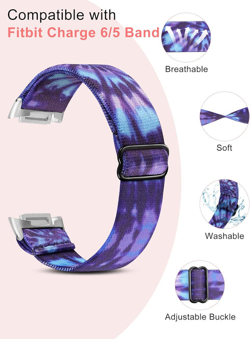 Wearlizer 3 Packs Adjustable Elastic Band Compatible with Fitbit Charge 6 Bands/Charge 5 Bands for Women Men, Stretchy Loop Strap Soft Nylon Sport Wristband Accessories for Charge 6/5 Fitness Tracker