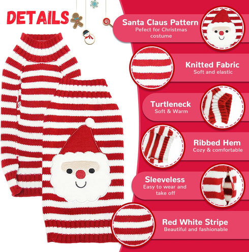 Dog Christmas Sweater, Cute Striped Santa Claus Costume for Small Medium Large Dogs (XXS, Red White Stripe)