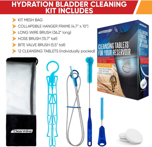 Reservoir Hydration Bladder Cleaning Kit - 6-In-1 Cleaning Kit with Brushes, Cleansing Tablets & Carry Pouch