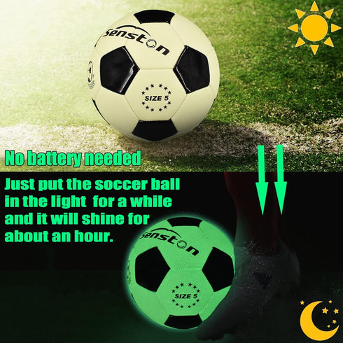 Senston Glow in The Dark Soccer Ball, Glowing Leather Size 5 Indoor Outdoor Night Soccer Ball with Pump