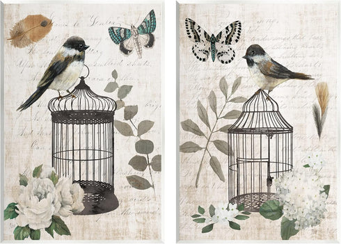 Stupell Industries Vintage Bird Cage Butterfly Wall Art, 2pc Set, Design by Nan