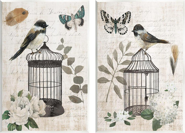 Stupell Industries Vintage Bird Cage Butterfly Wall Art, 2pc Set, Design by Nan