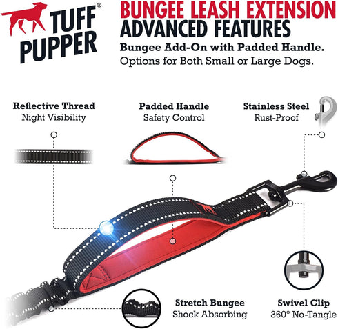 Tuff Pupper Bungee Dog Leash Extension | Shock Absorbing Extender Protects You & Your Dog | Added Handle Keeps Dogs Closer | Reflective For Night Walks | Works with Any Leash | For Small & Medium Dogs