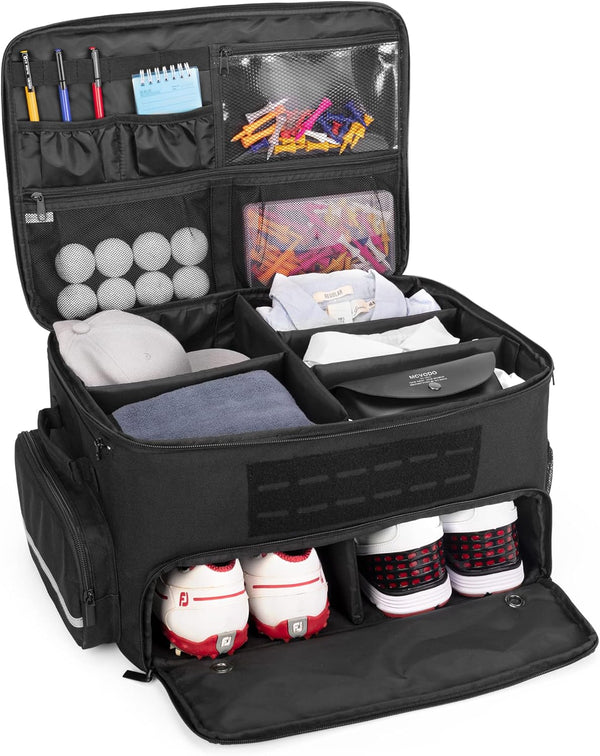 Golf Trunk Organizer Storage - Separate Compartment for 2 Pair Shoes up to US Mens 16, Golf Car Locker for Balls, Tees,