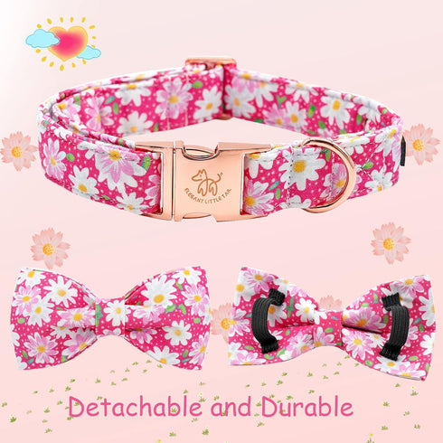 Elegant Little Tail Dog Collar with Bow, Pink Floral Adjustable Collar for X-Large Dogs