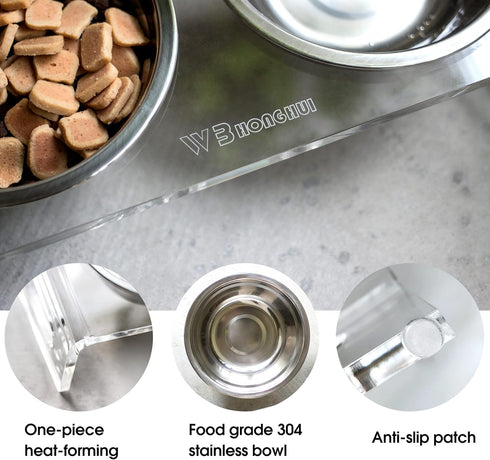 Tilted Raised Elevated Food and Water Bowls Stand for Cat or Small Dogs, Clear Acrylic Stainless Steel Dishes Holder
