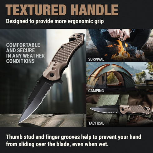Legal Pocket Knife - Coyote Tan 2.95” Sharp Serrated Edge Blade, Multi Tool Knife with Seatbelt Cutter & Glass Breaker