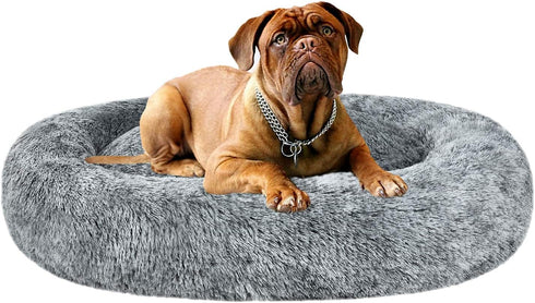 Coohom Oval Calming Donut Cuddler Dog Bed, Washable Faux Fur Cat Bed, Round Pillow Pet Bed (30"/36"/43"), Grey