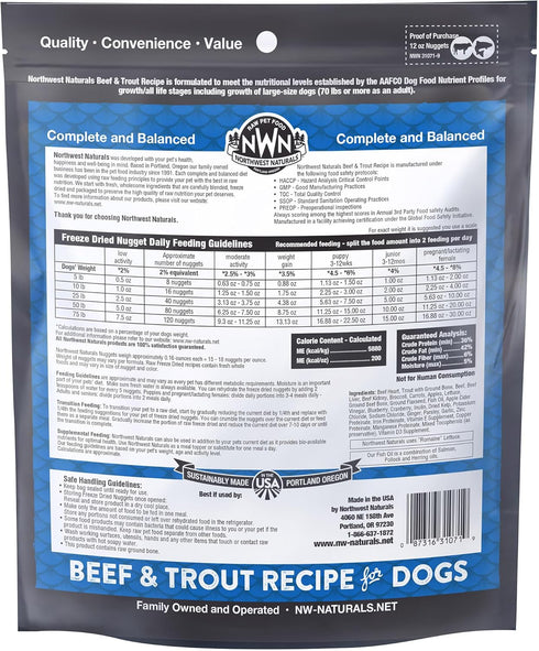 Omega-3 12 Oz Northwest Naturals Freeze-Dried Beef & Trout Dog Food - Bite-Sized Nuggets - Grain-Free, High-Protein