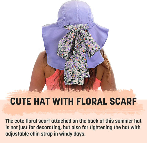 Solaris Women's Floral Scarf Wide Brim Sun Hat, Foldable UV Protection Cap with Neck Flap for Garden Beach Hiking
