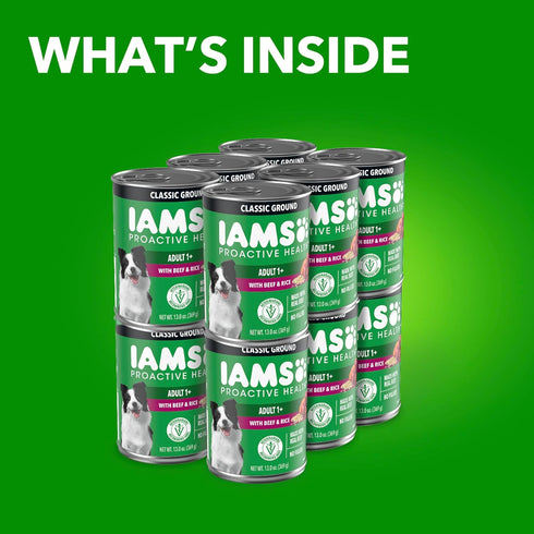 Multipack 13 oz. (Pack 12) IAMS Proactive Health Wet Dog Food, Adult Wet Dog Food Ground Dinner, Beef & Rice, Cans