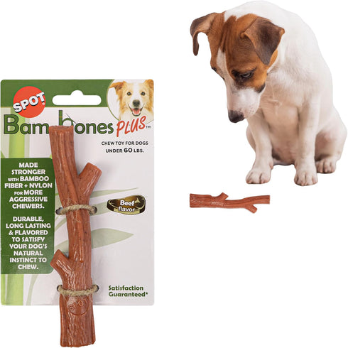 SPOT Bam-Bones Plus Branch - Durable Dog Chew for Aggressive Chewers, Bamboo Fiber & Nylon, 5.75in, Beef Flavor, Great