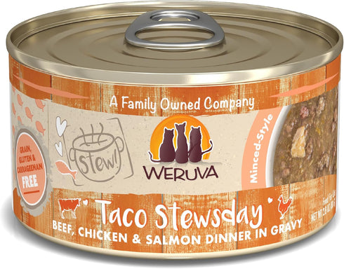 Weruva Classic Cat Stews! - Taco Stewsday with Beef, Chicken & Salmon in Gravy, 2.8oz Can (Pack of 12)