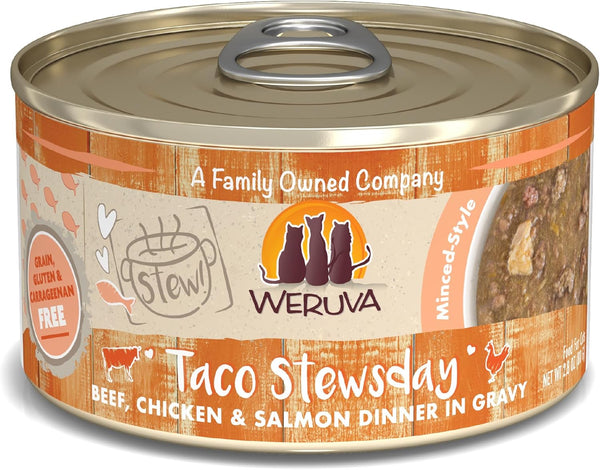 Weruva Classic Cat Stews! - Taco Stewsday with Beef, Chicken & Salmon in Gravy, 2.8oz Can (Pack of 12)