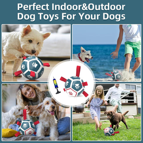 Dog Toys Soccer Ball with Straps, Outdoor Interactive Tug of War Toy for Small Dogs, Blue & Red, 5 Inch