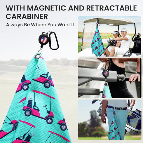 Golf Towels for Golf Bags Value 2 Pack 21"x16" and 12"x8" Set with Magnetic Retractable Carabiner