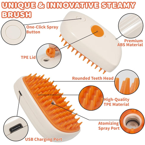 3 in 1 Steam Cat Hair Brush - Spray, Massage, Bath Cleaning for Dogs and Cats, Soft Silicone Brush, Self-Cleaning
