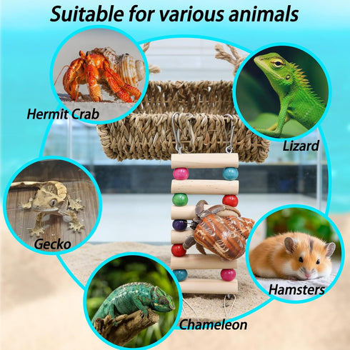 Hermit Crab Hideout with Ladder, Lizard Climbing Toys, Hermit Crab Hut with Aquarium Plants, Reptile Habitat for Gecko