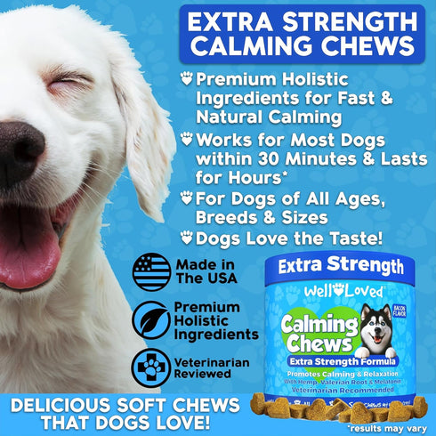 Recommended, Well Loved Calming Chews for Dogs - Dog Calm Treats, Made in USA, Vet Behavior Support with Melatonin