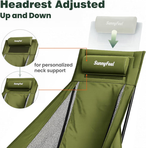 SUNNYFEEL High Back Camping Chair with Pillow, Heavy Duty Portable Folding Chair with Breathable Mesh, Sturdy Aluminum
