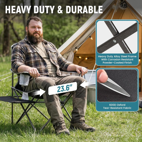 FUNDANGO Folding Camping Chairs for Adults, Oversized Beach Chairs with Table Tray, Heavy Duty Lawn Chair with Cup