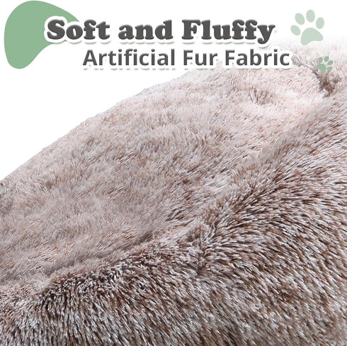 JOLLYVOGUE Calming Donut Dog Bed & Cat Bed, Washable Fluffy Faux Fur Plush Cushion for Small Dogs and Cats (20", Brown)