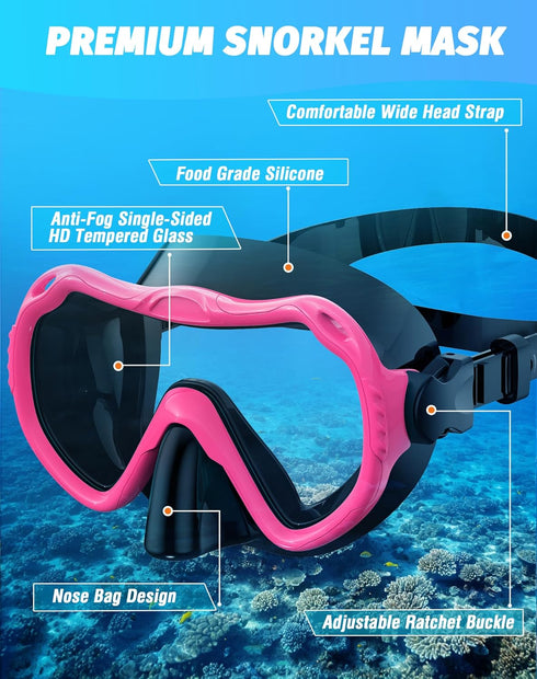 Snorkeling Gear Set for Adults, 180° Panoramic View Snorkel Mask, Anti-Fog Anti-Leak Dry Top for Diving