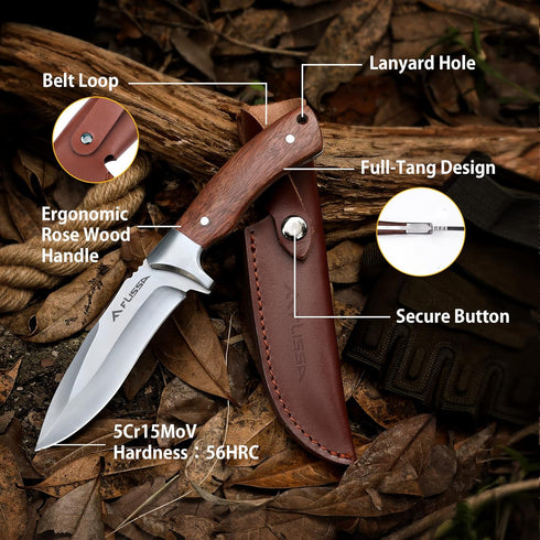 Flissa Fixed Blade Knife with Sheath, 9.8'' Full Tang Hunting Knife with High Carbon Steel Blade, Camping Knife