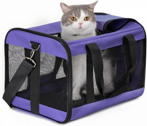 Soft-Sided Cat Carrier, Airline Approved Dog Carrier with Inner Safety Leash for Small-Medium Pets (Purple M)