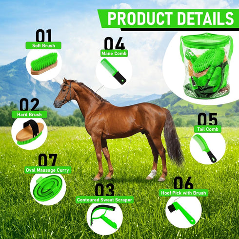 9 Set Cunhill Pcs Horse Grooming Kit Tack Room Supplies with Tote Bag, Oval Massage Curry, Hard and Soft Brush, Hoof