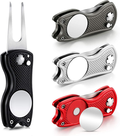 Skylety 4 Pcs Golf Divot Repair Tool, Metal Foldable Tool with Magnetic Pop-up Button Ball Marker for Golfers
