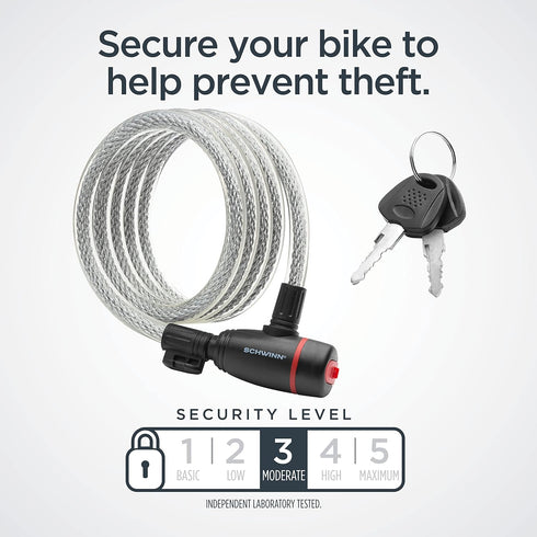 Schwinn Braided Steel Cable Bike Key Lock, 6 feet x 12mm Anti Theft Lock with 2 Keys, Security Level 3