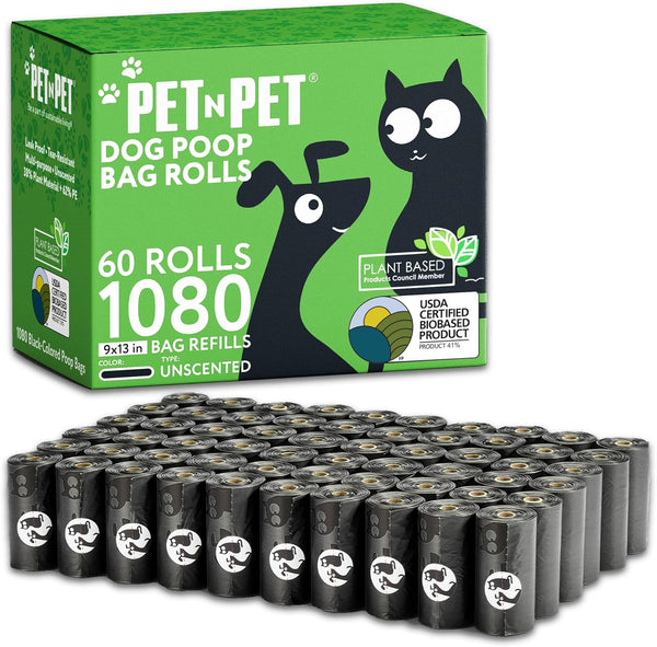Pet N Pet 1080 Counts Black Poop Bags for Dogs, 41% Plant