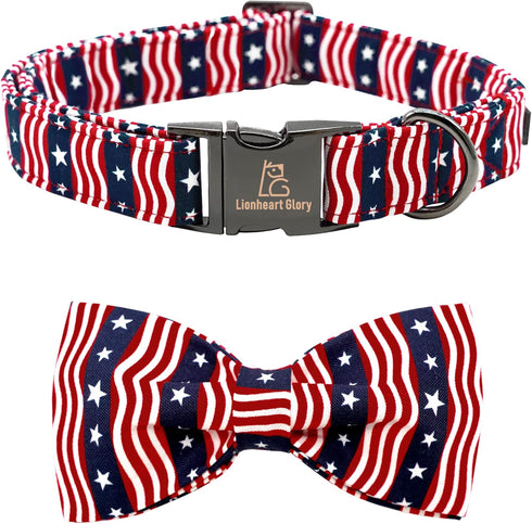 Lionheart Glory American Flag Dog Collar, 4th of July Heavy Duty Adjustable Patriotic Bowtie Collar for Small Dogs Pet