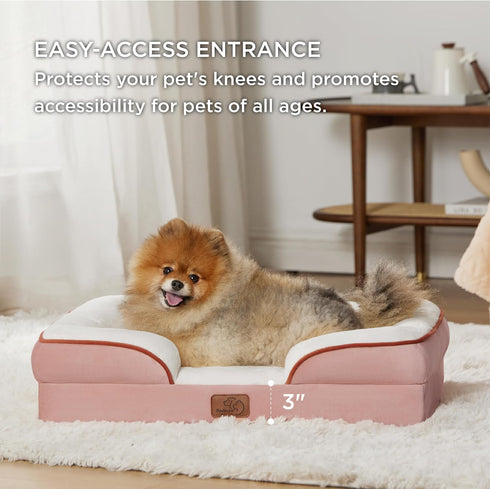 Bedsure Small Orthopedic Dog Bed, Washable Bolster Sofa Bed for Small Dogs, Supportive Foam, Pink, Waterproof Lining