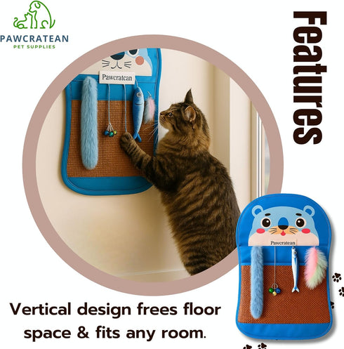27 Inch Cat Wall Mat with Charms - Soft Felt Play Pad & Storage (Blue Bear)