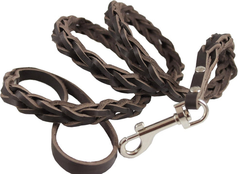 Brown Genuine Leather Braided Dog Leash, 45" Long 4-thong Square Braid for Medium Breeds