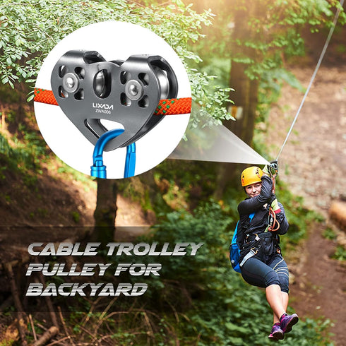 LIXADA Zip Line Pulley 30KN, Tandem Speed Double Pulley for 1/4 5/16 3/8 1/2 Cable, Holds Up to 6700lbs for Backyard