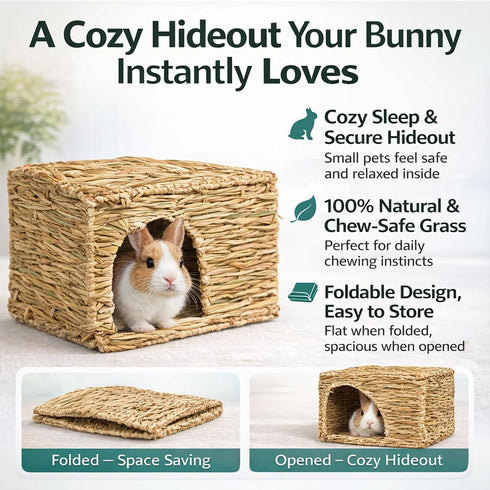 Chinchilla (1 Pack) HERCOCCI Extra Large Grass House for Rabbit, Foldable & Comfortable - Small Animal Hut Play