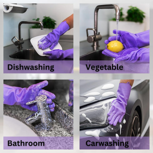 Dog Washing Gloves with Bristle Scrubbers, Reusable Silicone Gloves for Pet Bathing, Massaging & Grooming - Purple
