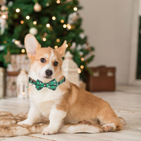 ADOGGYGO Christmas Dog Collar with Bow Tie, Adjustable Red Green Plaid Pet Christmas Collars for Medium Dogs
