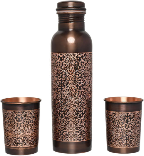 Pure Copper Water Bottle with 2 Tumblers Set, Beautiful Floral Pattern for Ayurveda Health Benefits