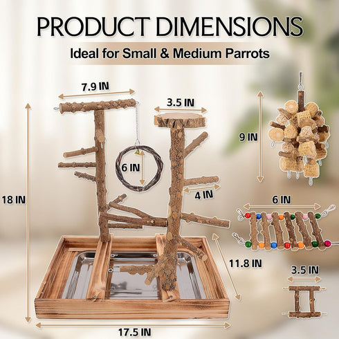 BRSLAIF Natural Wood Bird Perch Stand, Multi-Layer Parrot Playground Gym with Feeding Cups and Toys, Real Branch