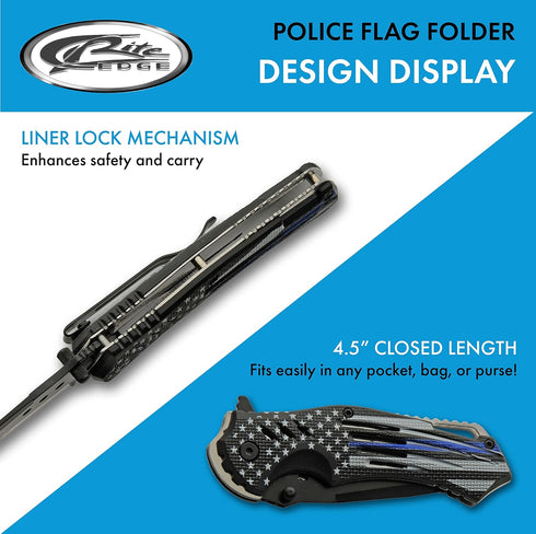 SZCO Supplies 8'' Police Flag Assisted Open Liner Lock EDC Folding Knife - Black/Blue (300552-PO)