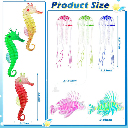 8 Pieces Luminous Aquarium Decorations with Glowing Jellyfish, Artificial Jellyfish, Fluorescent Lionfish, Seahorse