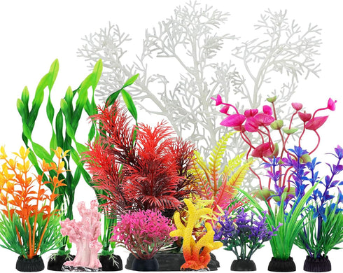 Aquarium Decorations Plants with Resin Coral, 12 pcs Small Plastic Fish Tank Accessories, Artificial Plant Decor
