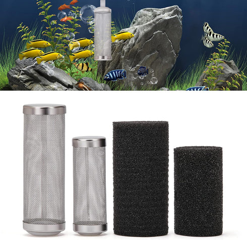 2 Pcs Stainless Steel Aquarium Filter Intake Guard | 12mm/16mm Mesh Cover with 2PCS Filter Sponge for Breeding Fish Tank