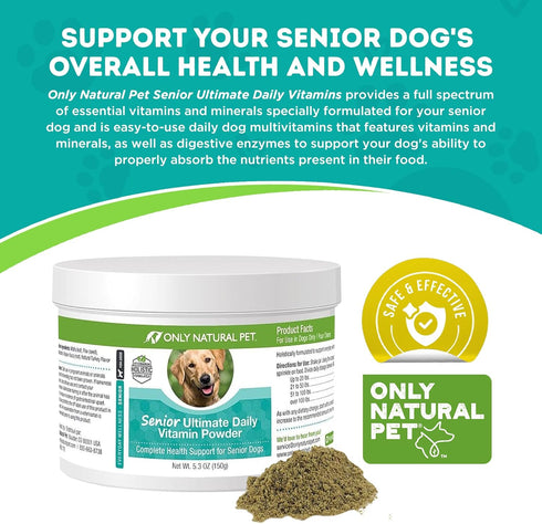 Only Natural Pet Senior Ultimate Daily Canine Vitamin Supplement, 5.3 oz Turkey Flavored Powder, Made in USA