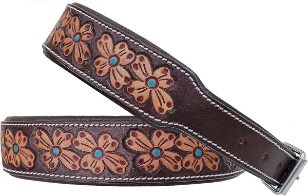 Heavy Duty Hand Tooled Floral Leather Dog Collar, Western Style Padded for Puppies and Big Dogs 10AB124-L